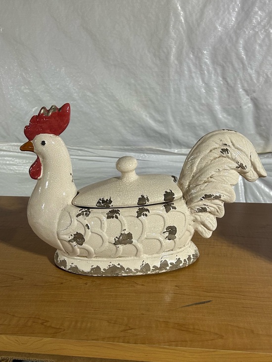 Other - Ceramic Red-Accent White Rooster Decorative Lidded Dish - Home Art